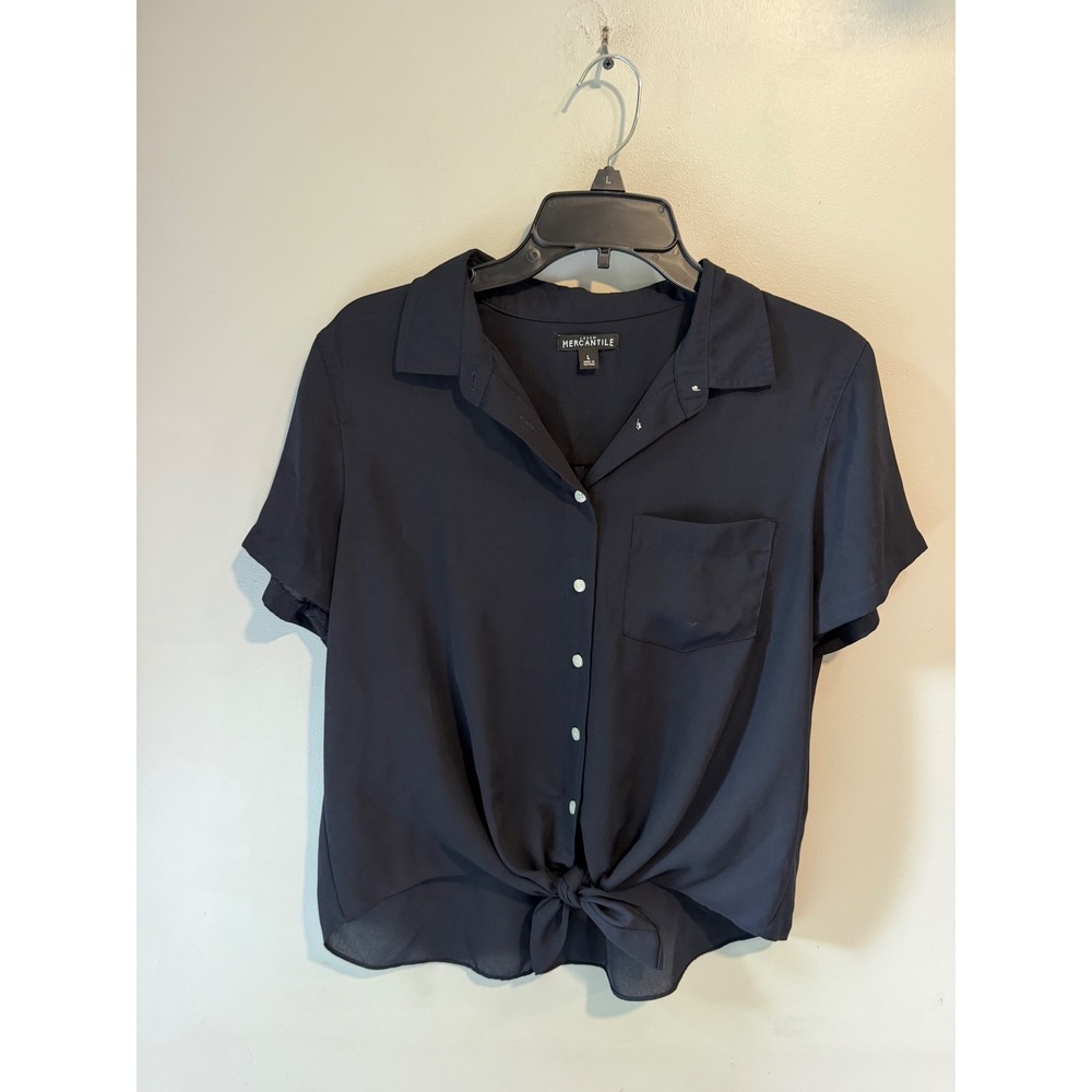 J.Crew Mercantile Navy Blue Tie Front Short Sleeve Button Down Shirt Large
